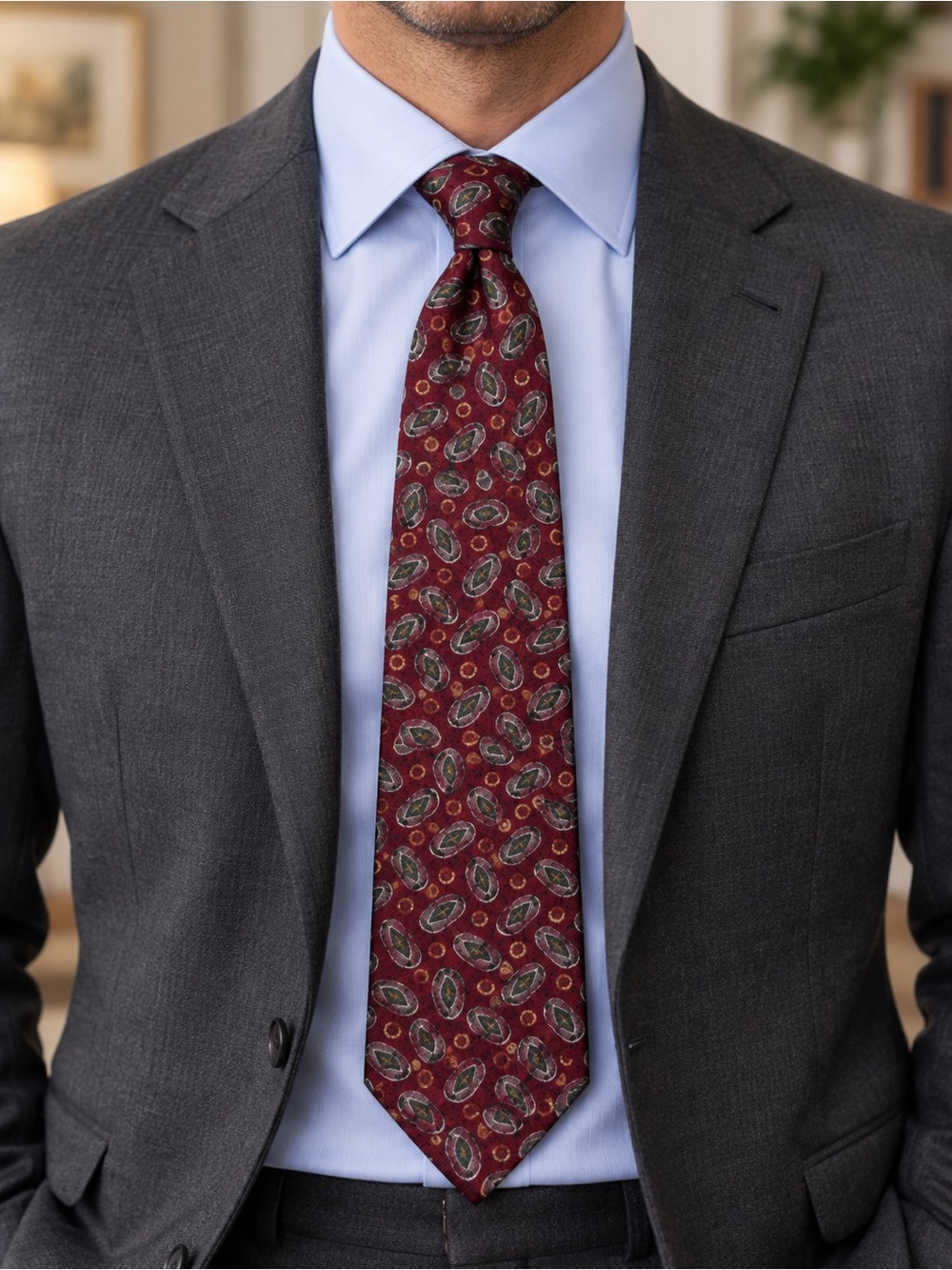 Christian Dior Men's Burgundy Paisley Silk Tie with Green Accents